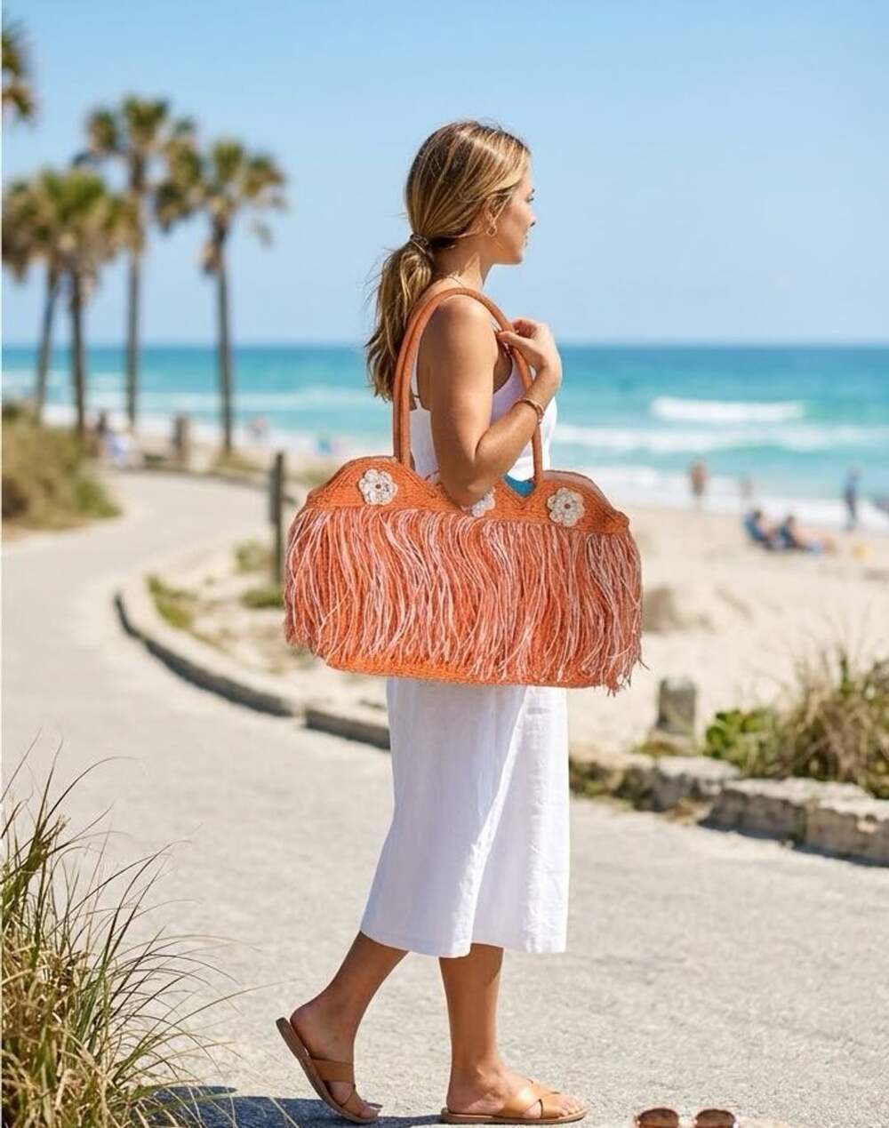 Unbranded Handwoven Straw Fringe Tote Bag Orange Summer Beach Purse